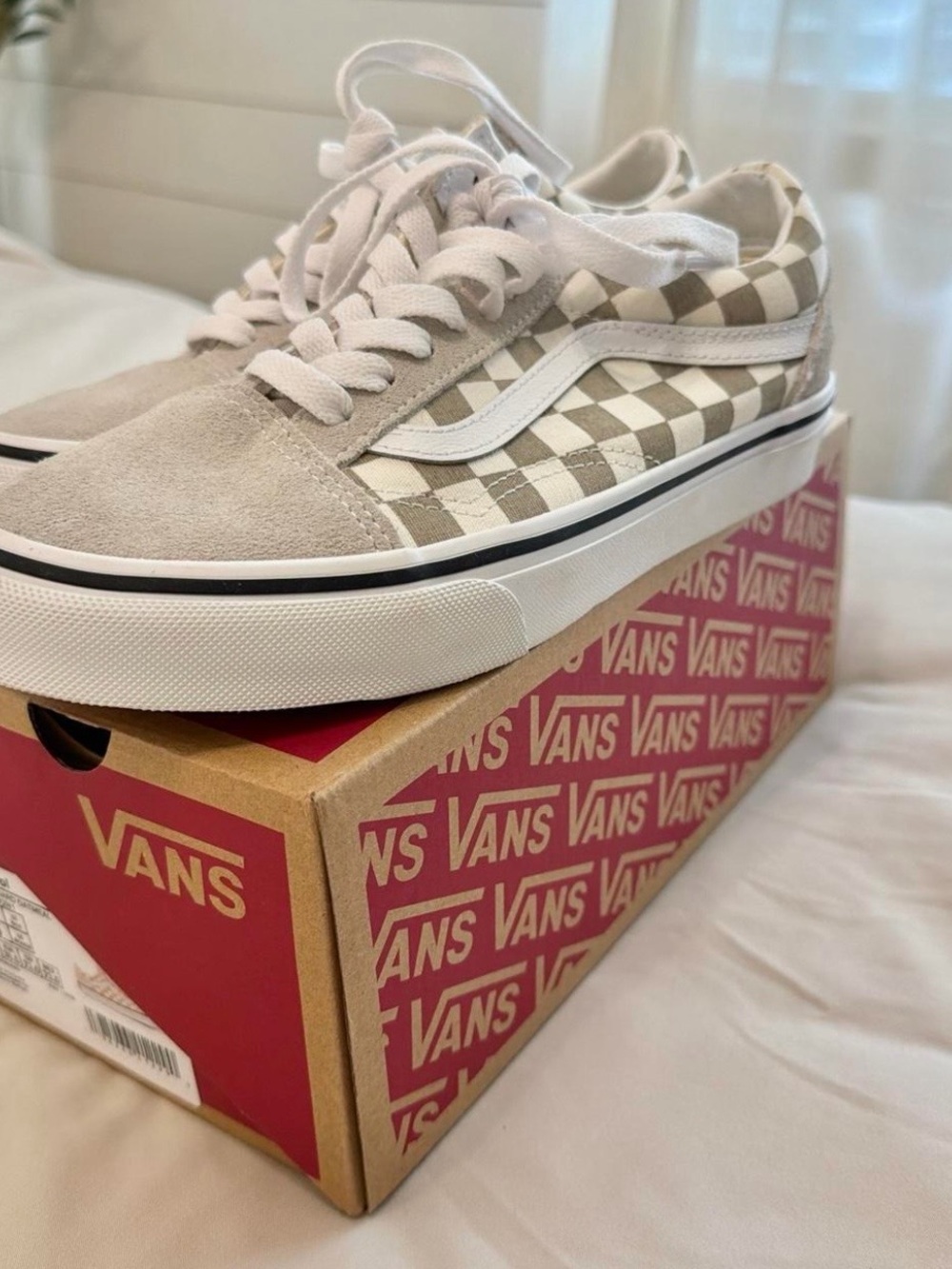 Vans Old Skool Checkerboard Suede Sneakers in Taupe and White